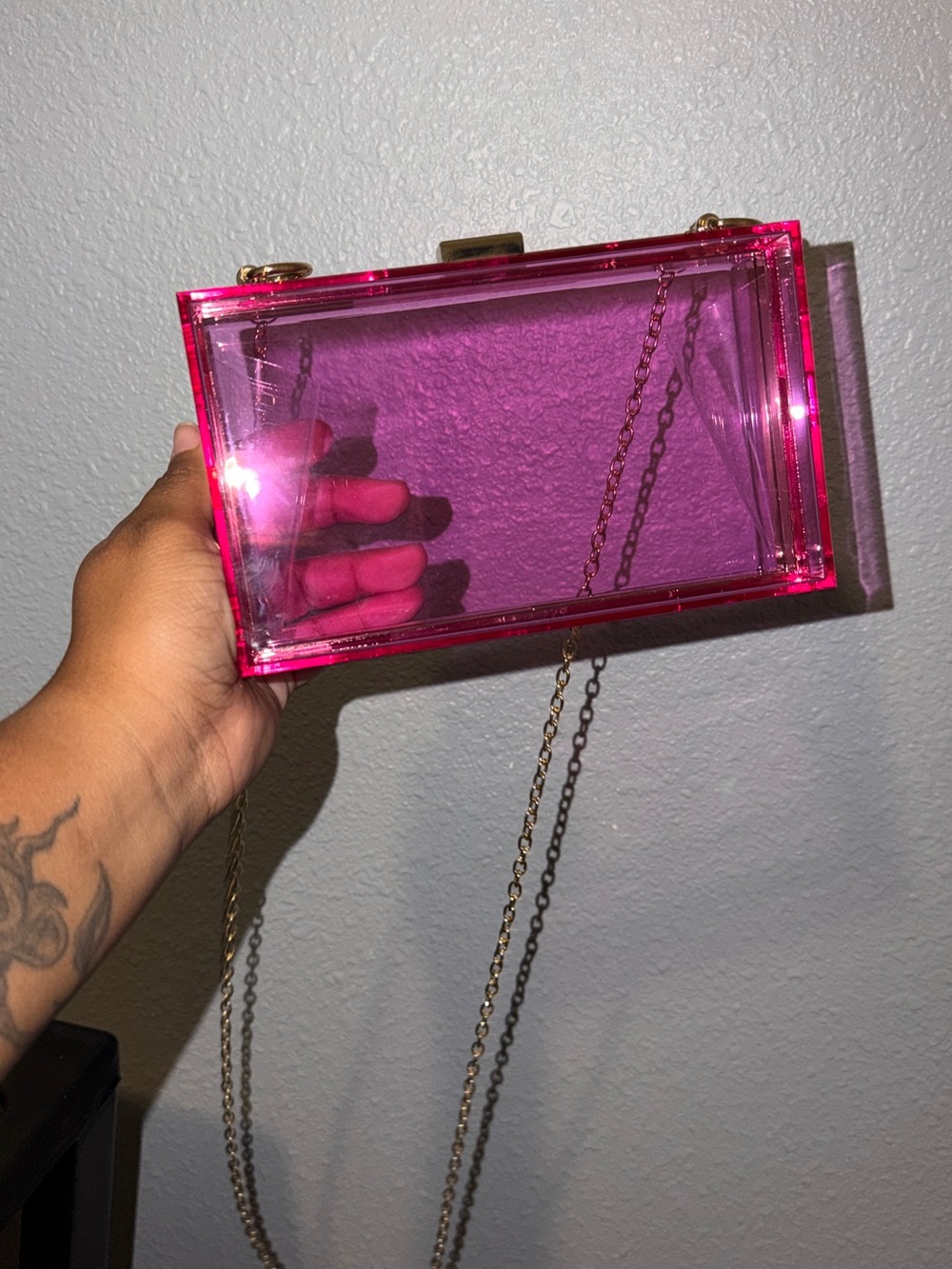 Clear Pink Acrylic Box Clutch with Gold Chain